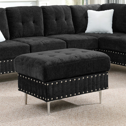 Sectional 3-Seaters Sofa with Chaise, Storage Ottoman, Metal Legs and Copper Nails,Two White Pillows,Black(102" x 76" x35") image 5