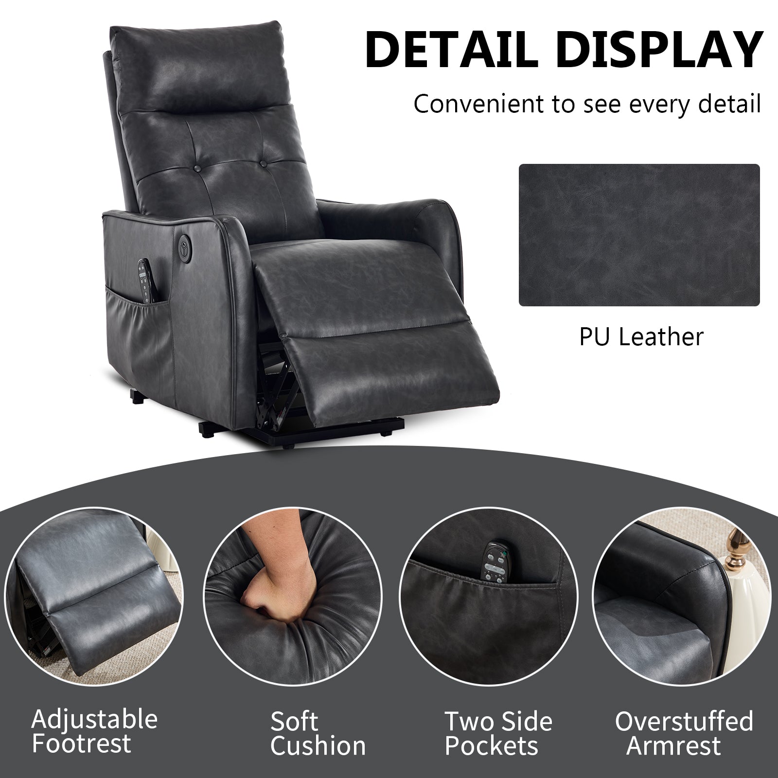 Deep Grey PU Single Motor Power Lift Recliner Chair with Massage and Heat for Elderly, Heavy Duty Motion Mechanism and One USB for Charging, Max Reclining Angle 155° image 8
