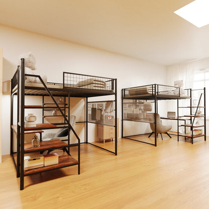 Full size loft metal bed with black for bedroom and dormitory, with built-in charging station and LED lighting image 5
