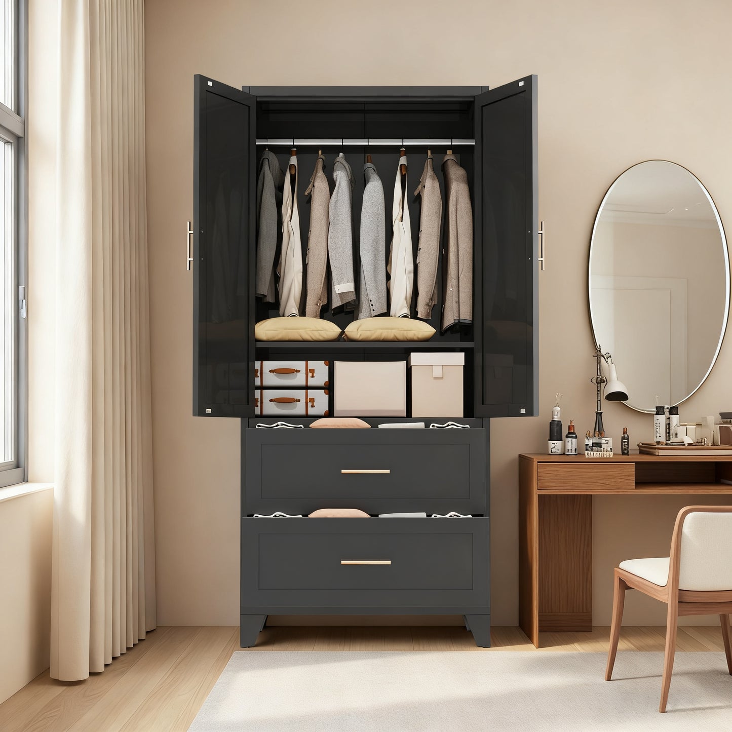 71" Tall Metal Wardrobe Cabinet with 2 Drawers and Hanging Rod, 2 Doors Wardrobe Closet with Shelf for Bedroom, Office, Laundry Room,Entryway,Foyer,Guesthouse (Black) image 12