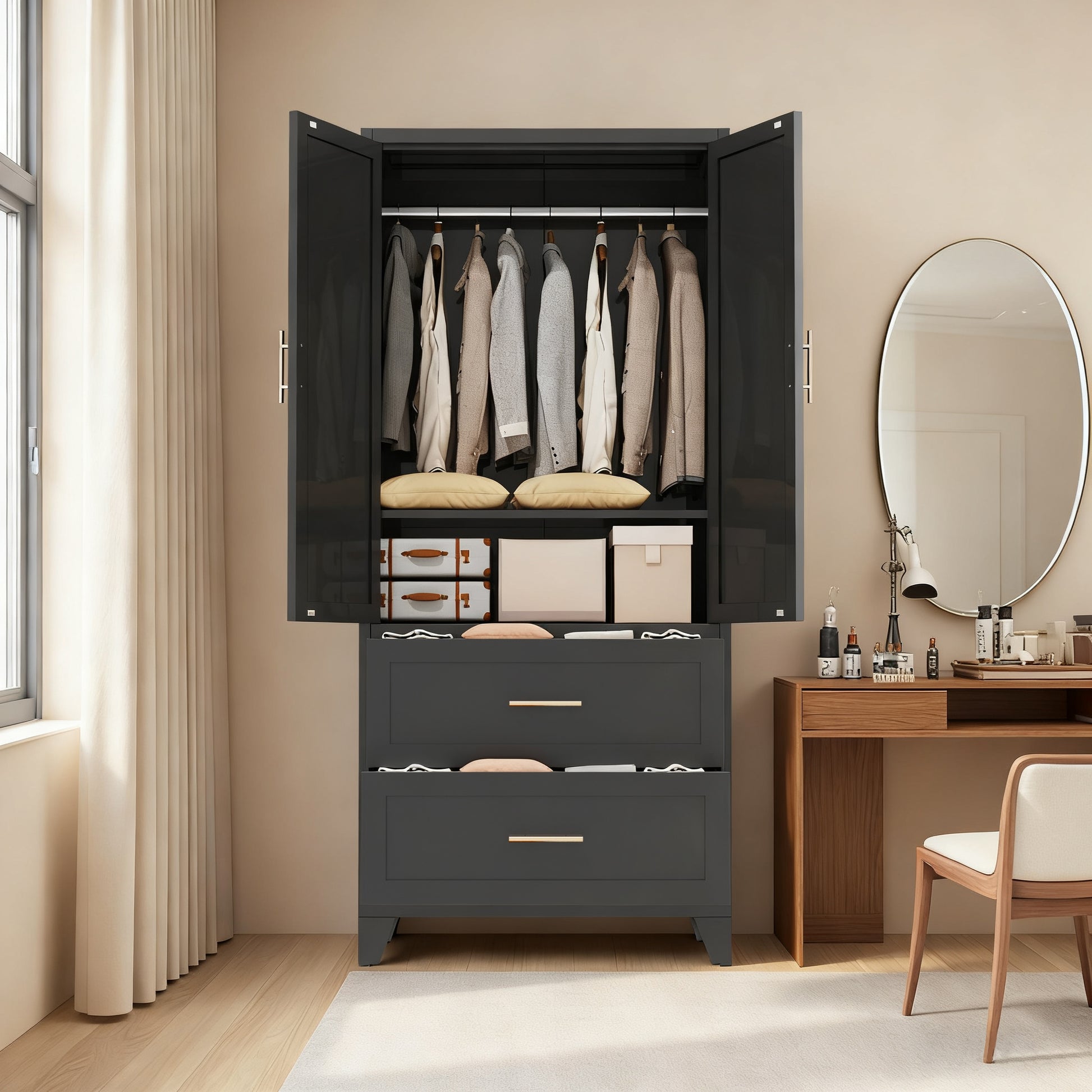 71" Tall Metal Wardrobe Cabinet with 2 Drawers and Hanging Rod, 2 Doors Wardrobe Closet with Shelf for Bedroom, Office, Laundry Room,Entryway,Foyer,Guesthouse (Black) image 12