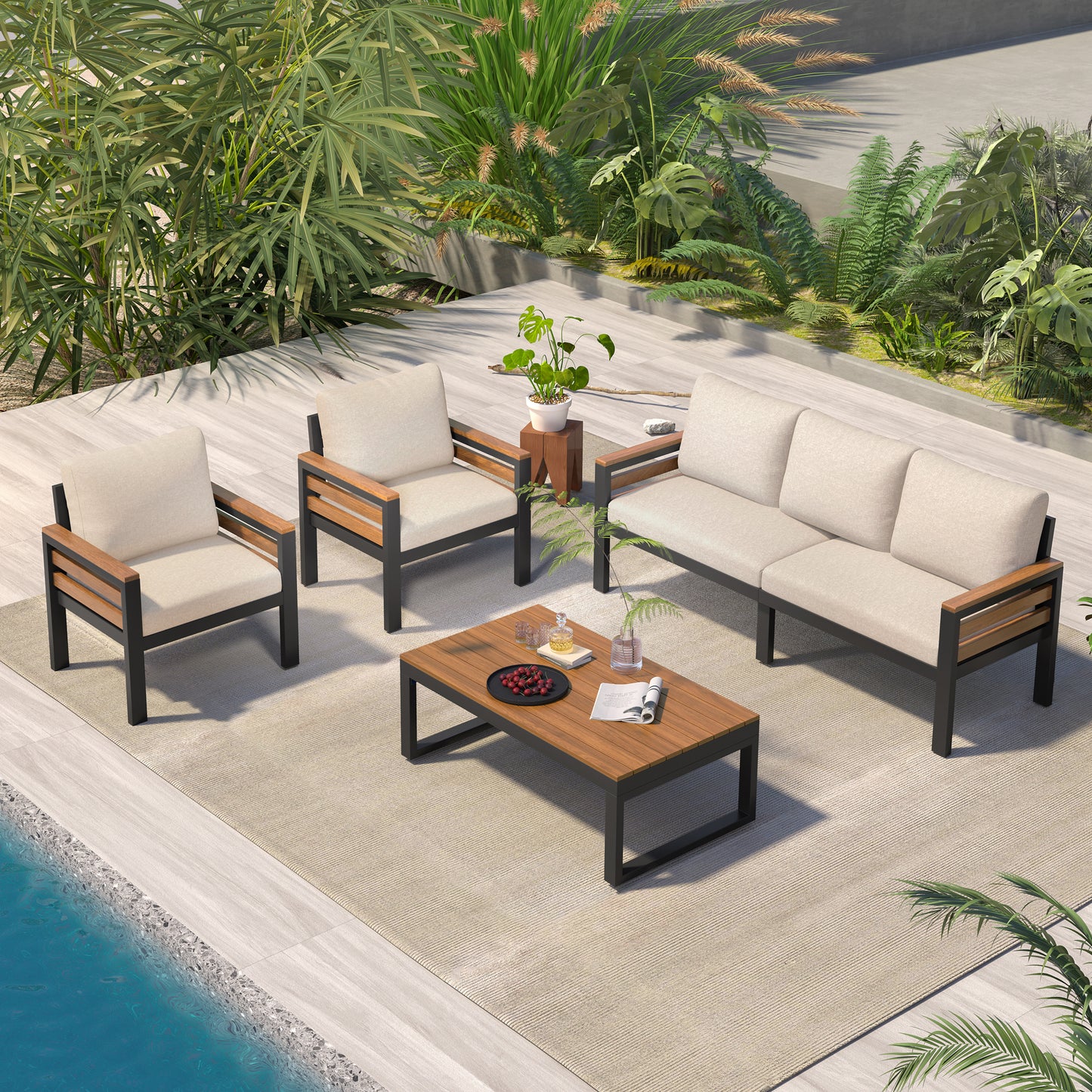 <Old SKU: N704G201246A> GO 4-Piece Outdoor Furniture Sofa Set for 5 People with Acacia Wood Armrests, Patio Conversation Set with Removable Cushion and Solid Wood Coffee Table for Garden,Beige image 2