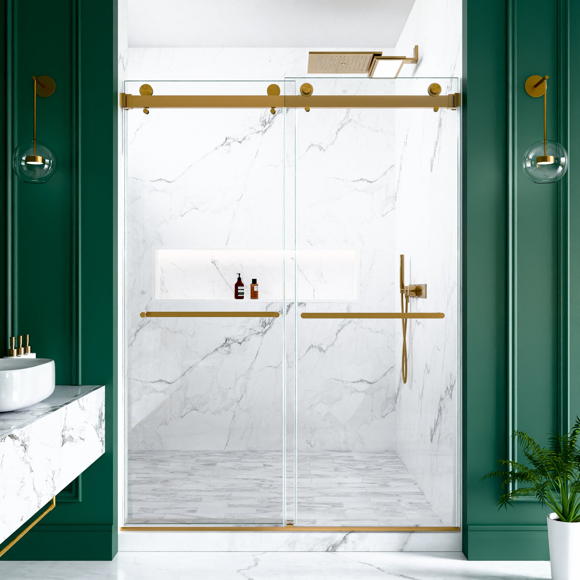 56"-60"W x 80"H Frameless Double Sliding Shower Door, 3/8 inches (10mm) Thick SGCC Tempered Glass Door, Brushed Gold image 4