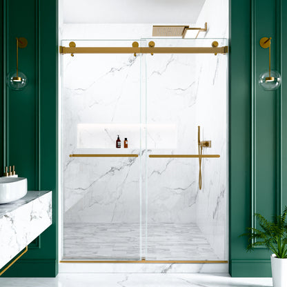 56"-60"W x 80"H Frameless Double Sliding Shower Door, 3/8 inches (10mm) Thick SGCC Tempered Glass Door, Brushed Gold image 4