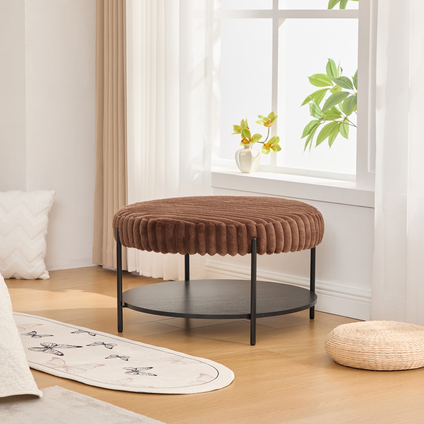 30.9"Wide Upholstered Round Ottoman Coffee Table Foot Rest with Black Metal Legs, Footstool with Wooden Open Storage Shelf,Faux Fur Footstool for Living Room Bedroom Entryway Hotel. Brown image 4