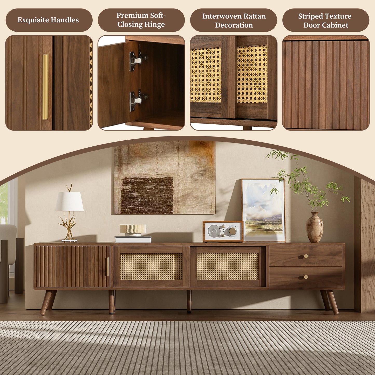 76" Modern Rattan Doors TV Stand for TVs up to 85 Inches, Wood-Grain Entertainment Center with Storage Cabinets, TV Media Console Table for Living Room, Bedroom image 6