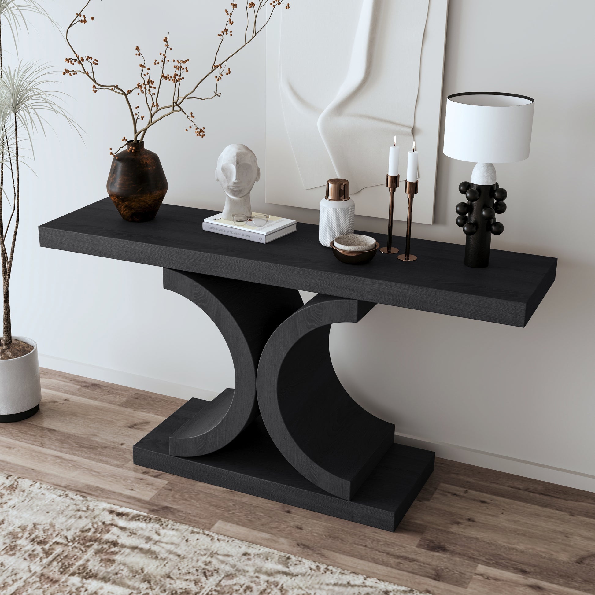 60" Black Console Table, Modern Narrow Sofa Table with Sculptural Curved Base, MDF with Real Wood Veneer Entryway Table, for Living Room, Hallway, Foyer, Black Oak image 3