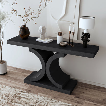 60" Black Console Table, Modern Narrow Sofa Table with Sculptural Curved Base, MDF with Real Wood Veneer Entryway Table, for Living Room, Hallway, Foyer, Black Oak image 3