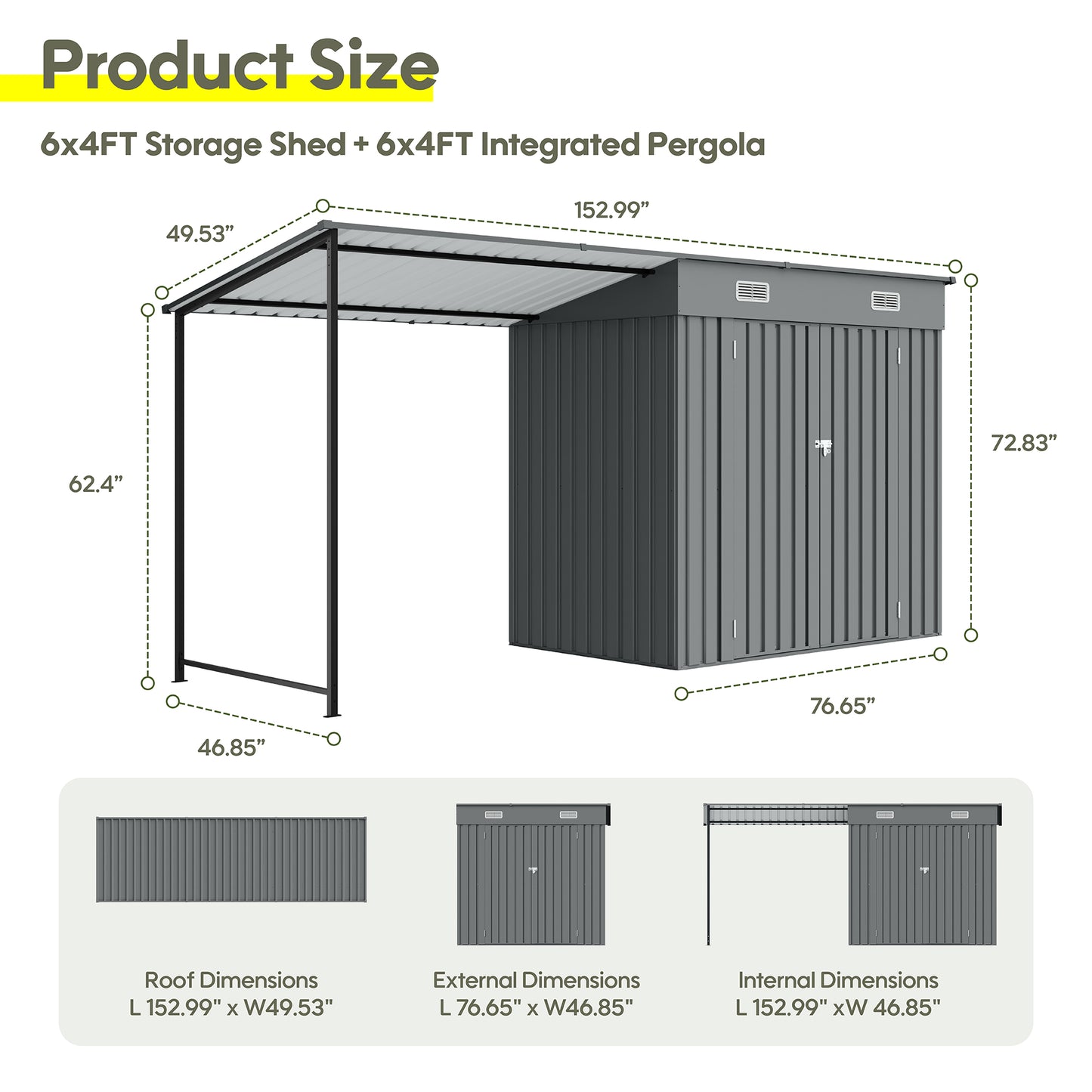 12x4 FT Metal Lean-To Shed with Pergola, 6x4 FT Outdoor Storage Shed & Hardtop Gazebo Combo, 2-in-1 Garden Tool Shed with Open Side for Patio, Backyard, Deck image 12