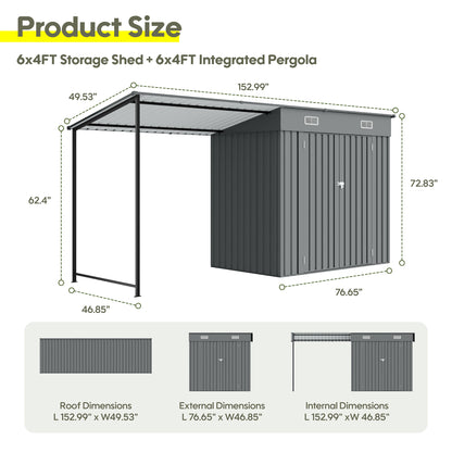 12x4 FT Metal Lean-To Shed with Pergola, 6x4 FT Outdoor Storage Shed & Hardtop Gazebo Combo, 2-in-1 Garden Tool Shed with Open Side for Patio, Backyard, Deck image 12