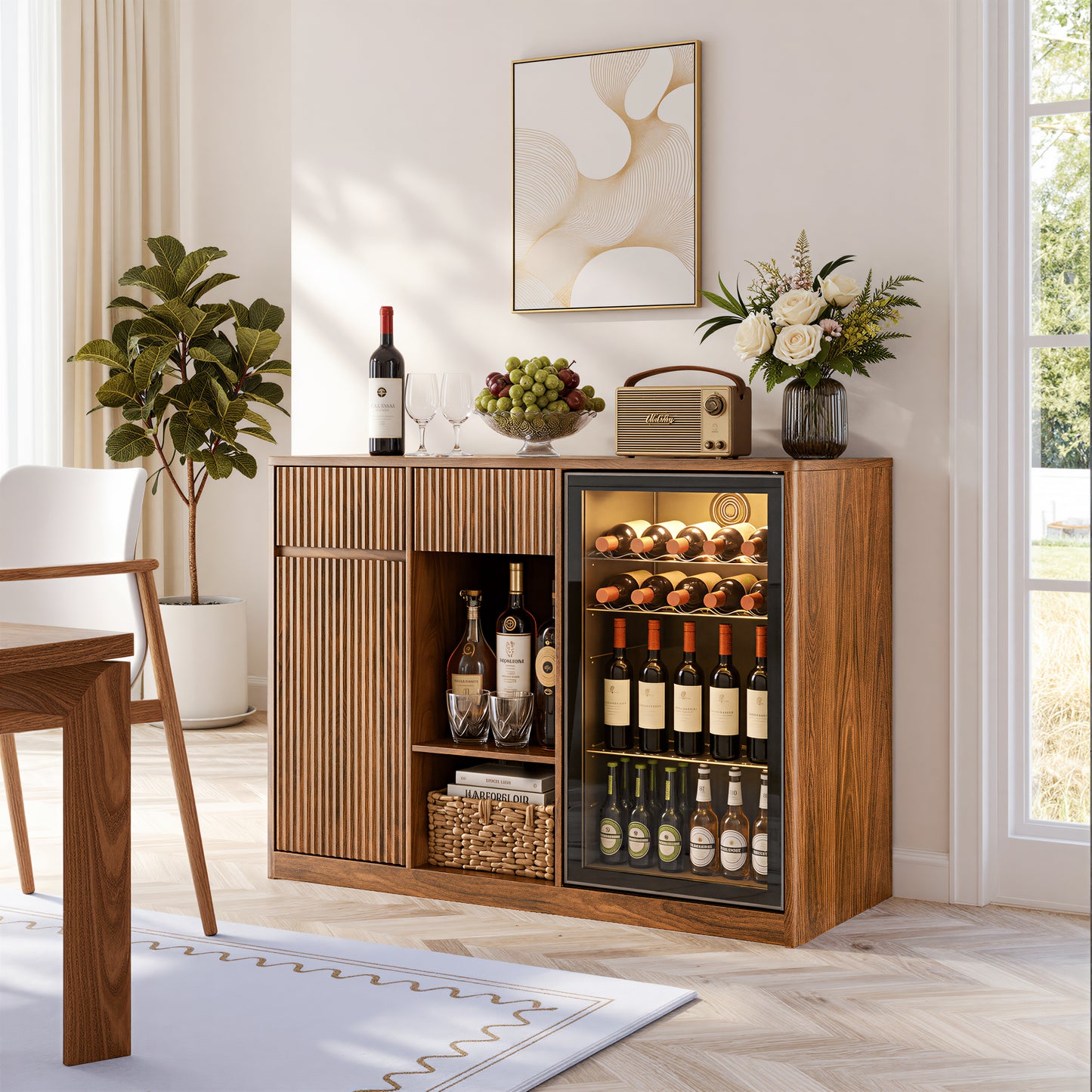 51" Fluted Bar Cabinet with Fridge Space (Fridge Not Included), Modern Coffee Station with Charging Hub & Wine Glass Rack, Walnut Buffet Sideboard for Home Beverage & Liquor Storage. image 3