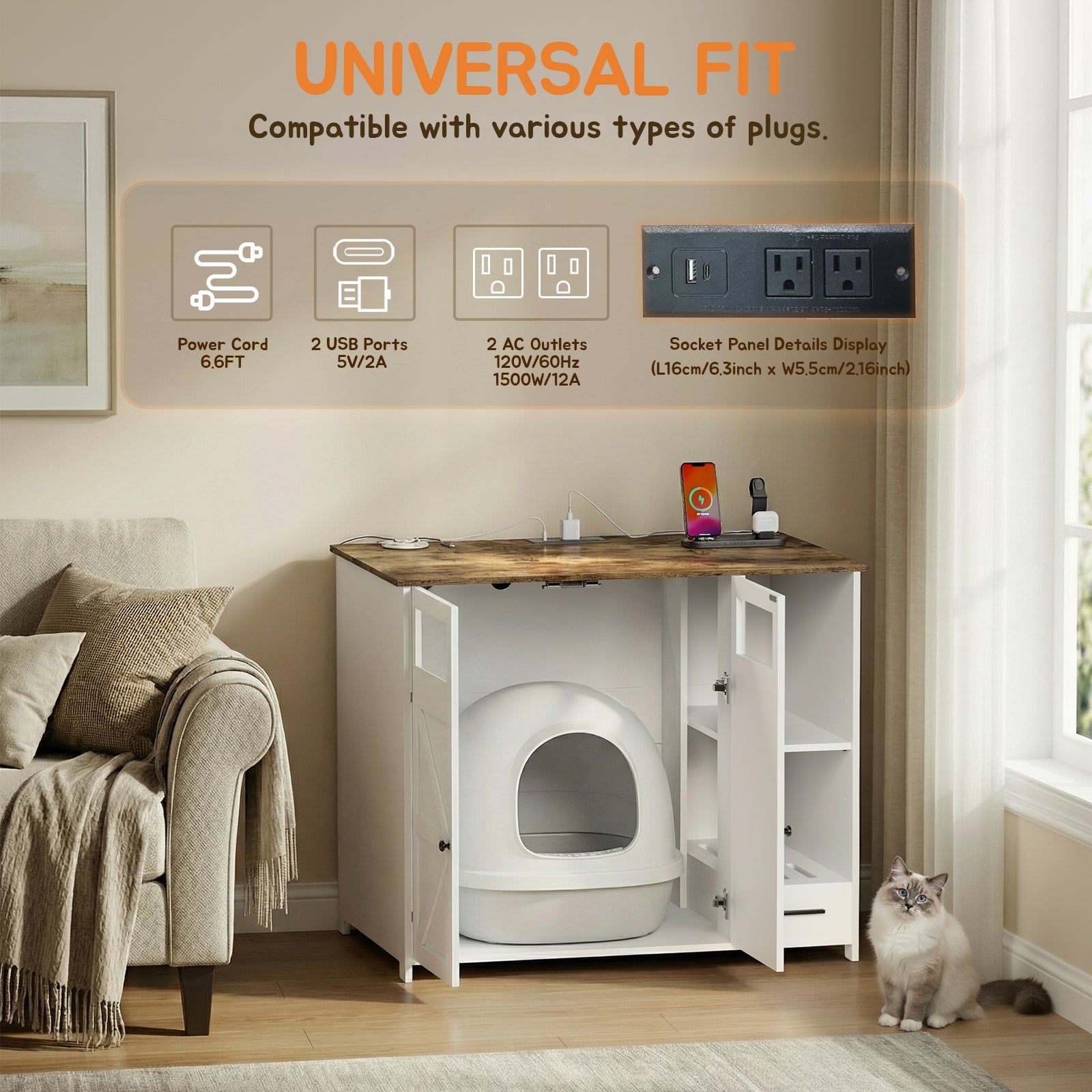 Hidden Cat Litter Box Enclosure Furniture – Large Dog-Proof Litter Box Cabinet with Power Strip, Compatible with Large Self-Cleaning Litter Boxes image 4