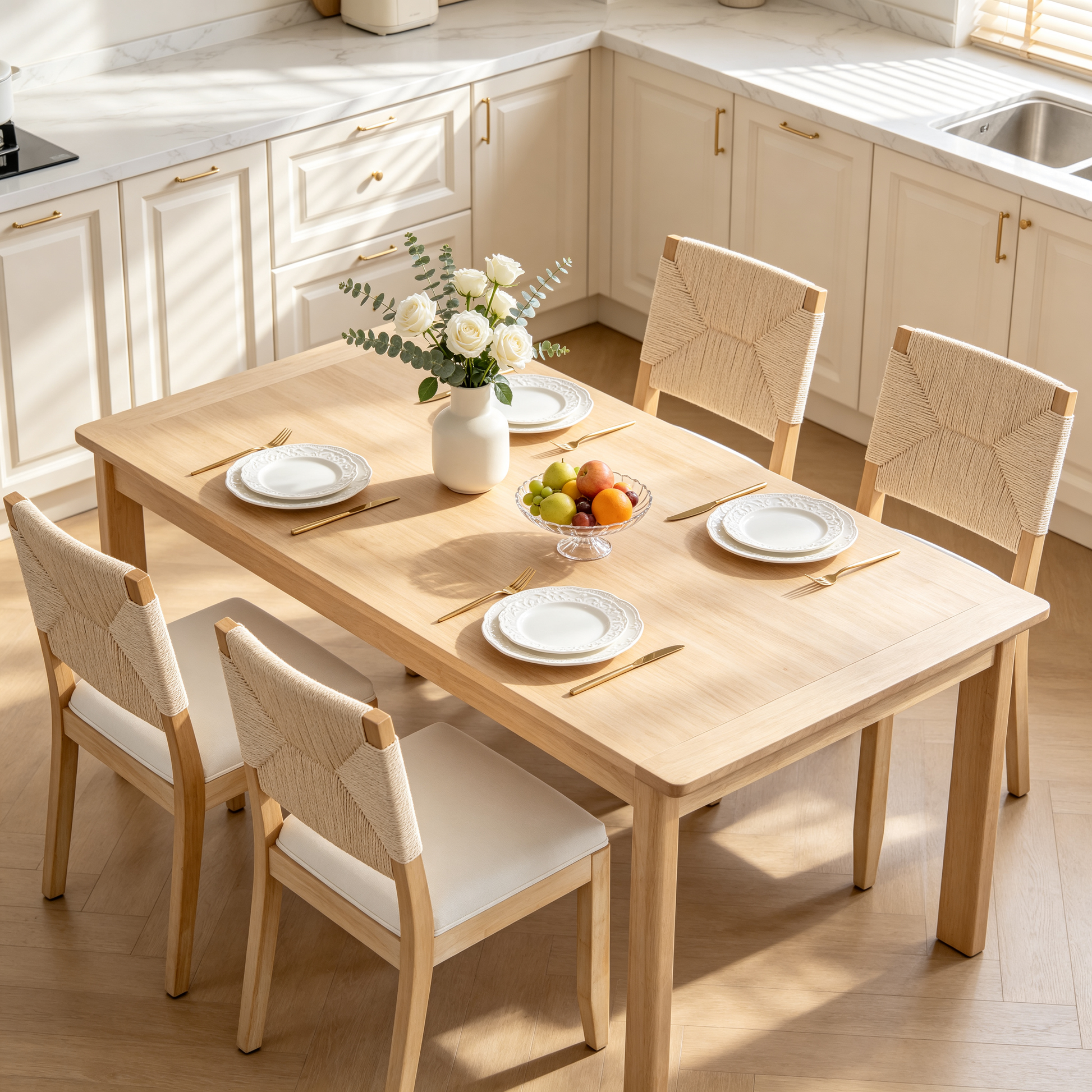 French Country Dining Chairs Set of 2, Beige Farmhouse Kitchen & Dining Room Chairs, Boho Wood Dining Chair with Woven Back & Linen Upholstered Seat, Solid Wood Frame,Beige image 10
