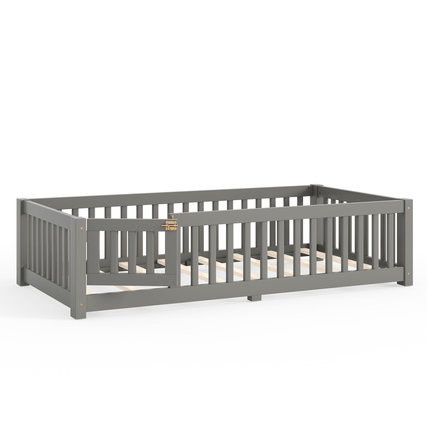 Twin Size Bed Floor Bed with Safety Guardrails and Door for Kids, Gray image 10