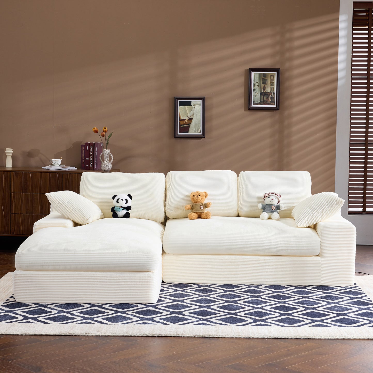 White corduroy compressed sofa. It has a soft and skin-friendly sitting feel, adding a healing atmosphere to the warm living room. It comes with 3 back cushions and 2 throw pillows. image 4