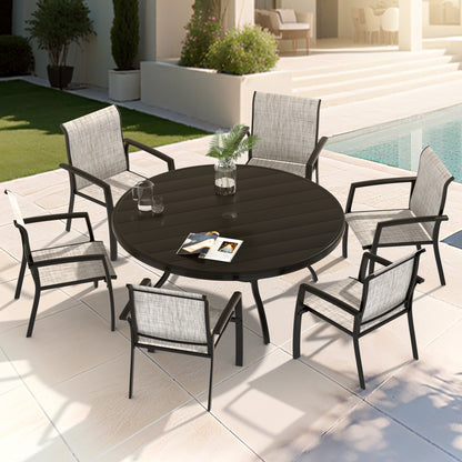 Outdoor Round Patio Dining Table for 6-7, All Weather Metal Dining Table with Umbrella Hole for Deck Lawn Garden Backyard, Black Color image 10