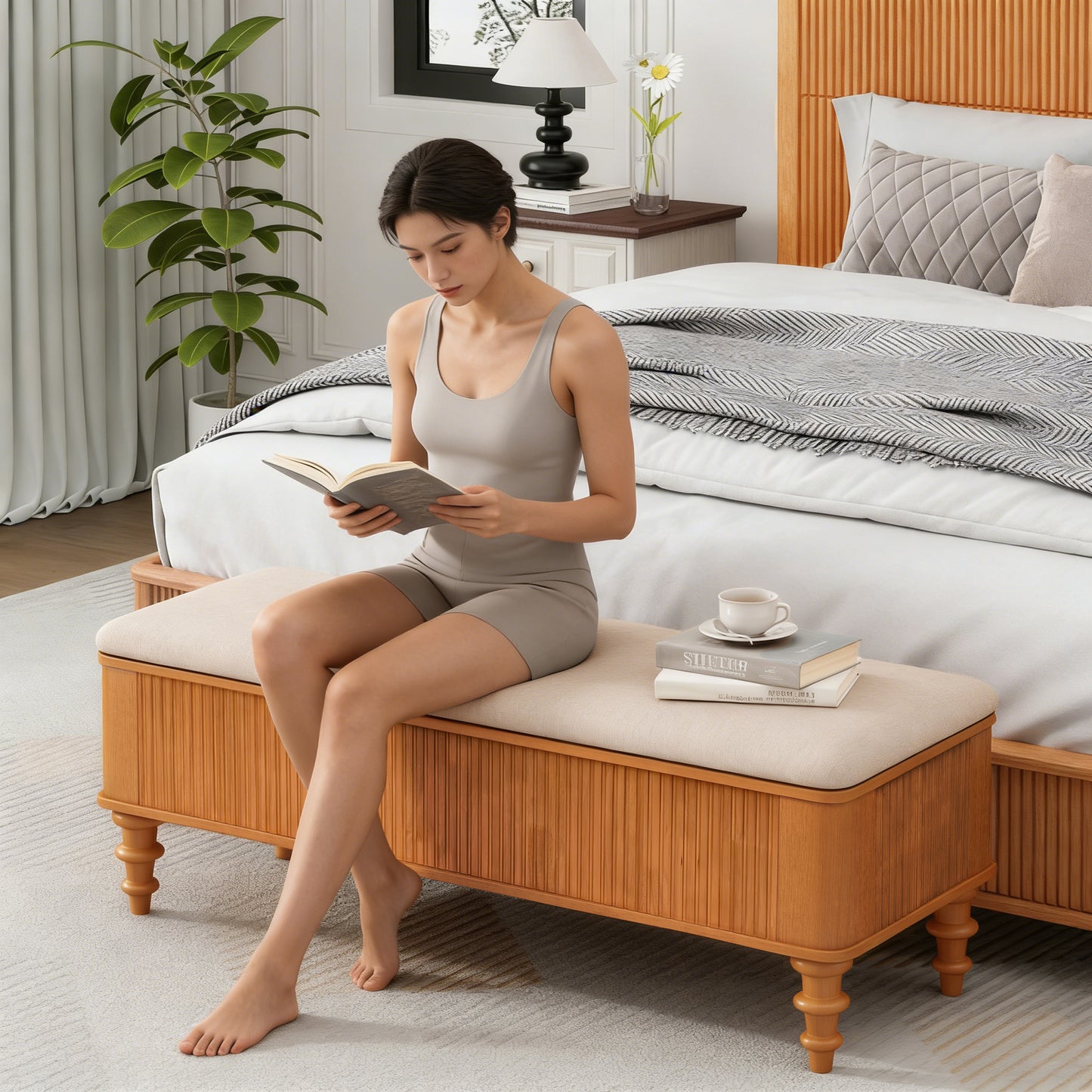 50.8-inch Multi-Functional Storage Ottoman Bench-Solid Rubberwood Bed End Bench with Linen Seat, Storage Bench for Bedroom, Entryway Shoe Organizer for Bedroom, Living Room, Entryway, Closet, Natural image 6