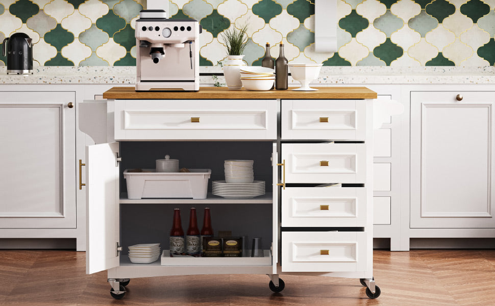 K&K 52'' Kitchen Island with Drop Leaf, Embossed Texture Kitchen Island on Wheels with Spice Rack, Towel Rack, 2 Doors and 5 Drawers, Kitchen Storage Cart with Adjustable Shelf for Kitchen, White image 5