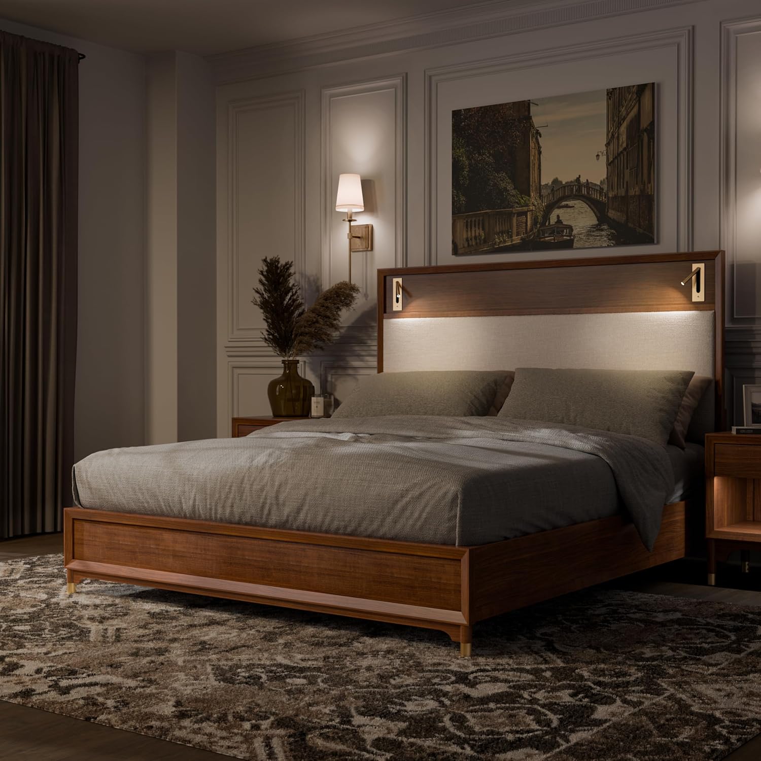 Mid-Century Modern Beautiful 1pc Queen Size Bed Walnut Solid wood Upholstered HB w Reading Light Bedroom Furniture image 5