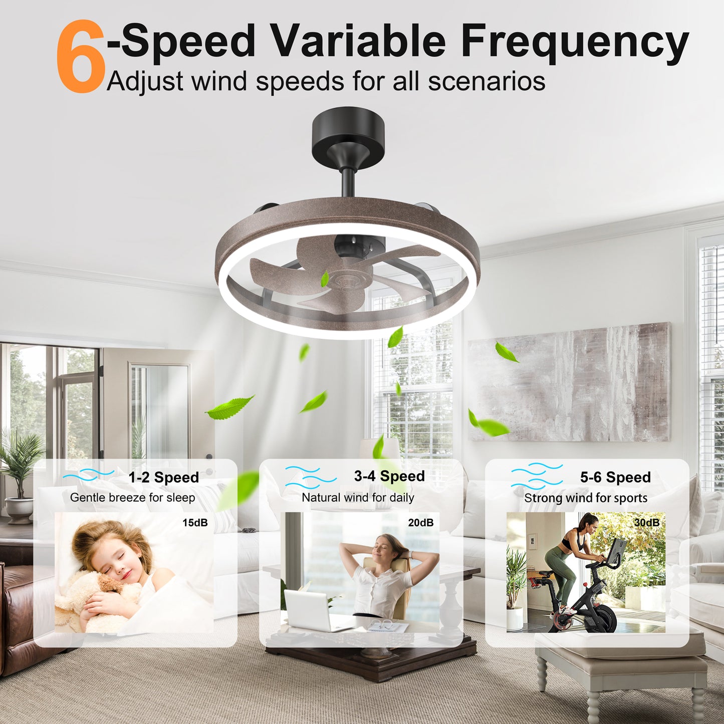 20.5" Rustic Brown Ceiling Fans with Lights Remote & APP Control, Downrod Mount Dimmable LED Fandelier, 6 Speeds Quiet DC Motor, Modern Ceiling Fan for Bedroom Living Room image 5