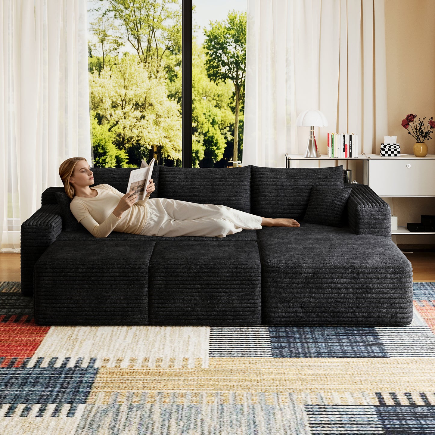 95" Cloud Sectional Sofa with 2 Ottoman,Modern Minimalist Upholstered Couches, Comfort U Shaped Sofa for Living Room,Deep Seat Corner Couch,No Assembly Required,Black (Plush Corduroy Fabric) image 2