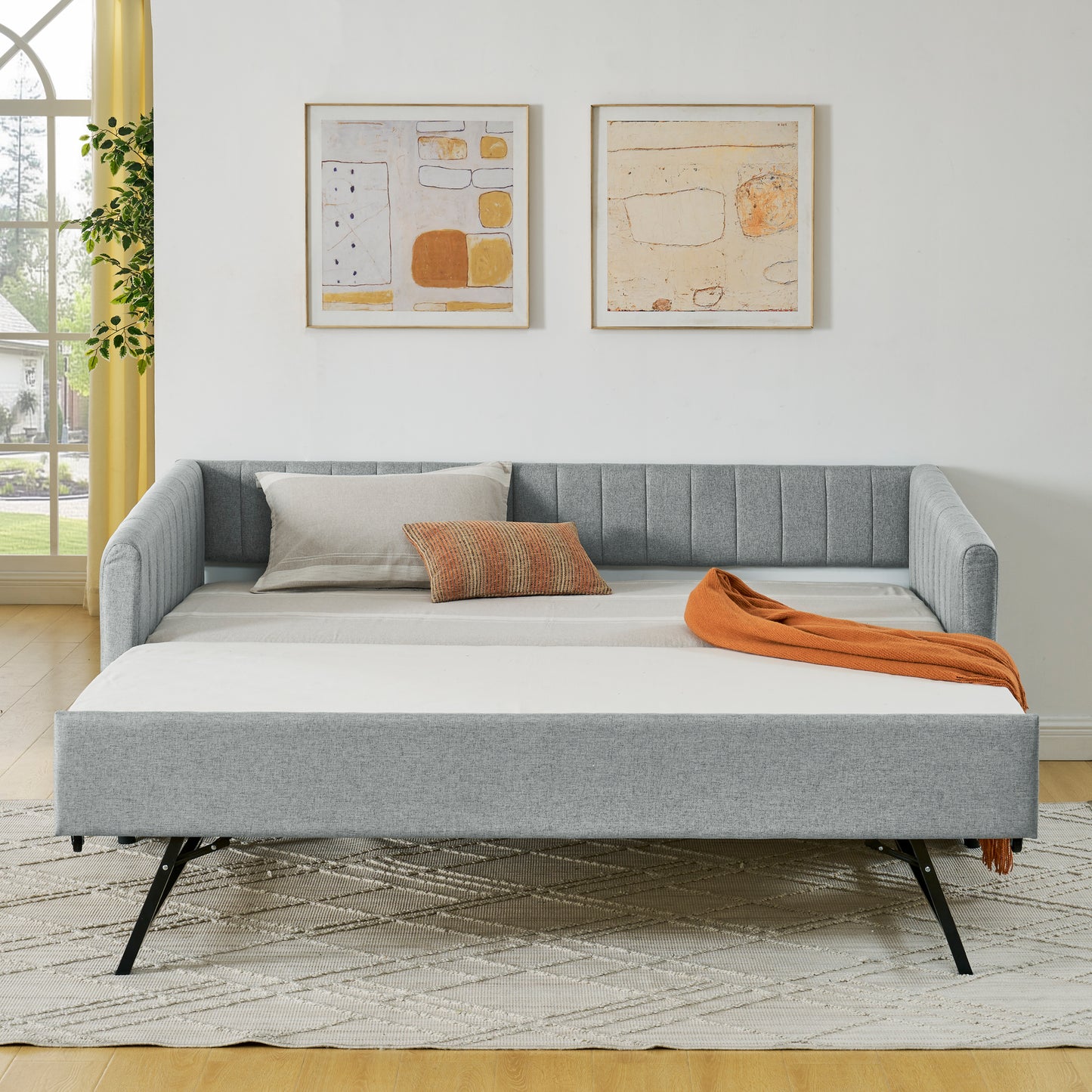 Twin Size Daybed with Trundle Upholstered Sofa Bed, with Vertical Stripes, Linen Fabric, Grey (82.5"x43"x30") image 2