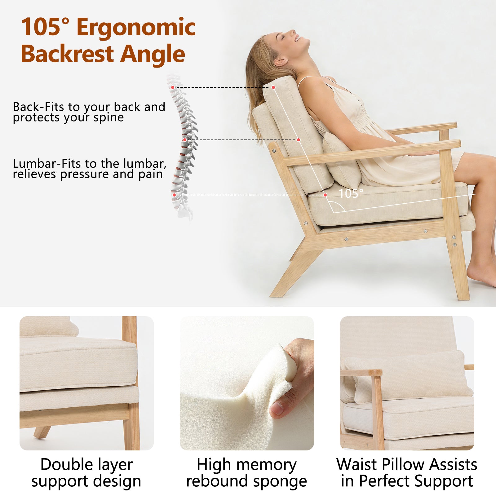 Mid-Century Modern Lounge Chair Single, Living Room Chair with Lumbar Pillow and Straight Wood Armrests, Accent Chair for Living Room, Bedroom, Indoor, Beige image 5