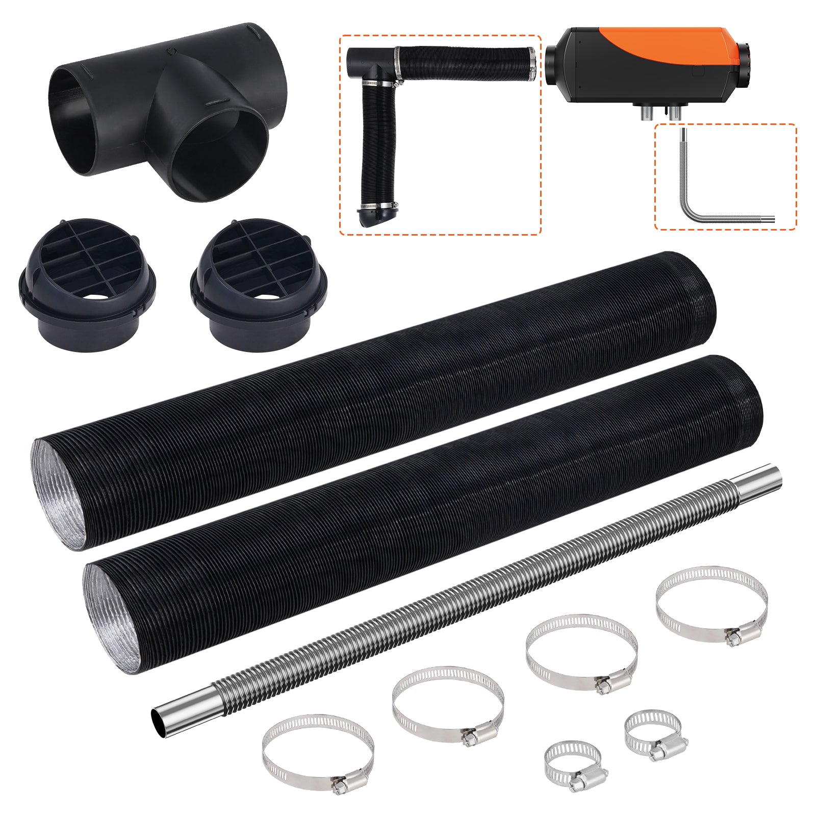 Diesel Heater Pipe Ducting Set, 3" Extendable Air Duct Hose, 1" Stainless Steel Exhaust Pipe, 2 Air Vents, Tee Air Outlet Connector and Hose Clamps, for 5KW/8KW Diesel Parking Heaters image 10