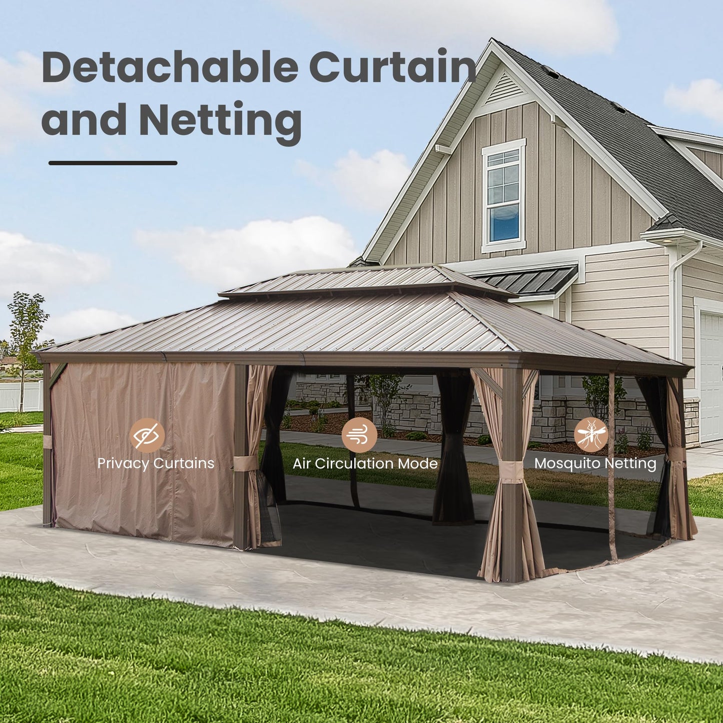 14' X 22' Hardtop Gazebo, Upgraded Metal Gazebo with Drainage System, Dual-Layer Galvanized Steel Roof, Curtain and Netting, Outdoor Shelter Canopy for Patio, Garden, and Backyard, Brown image 7