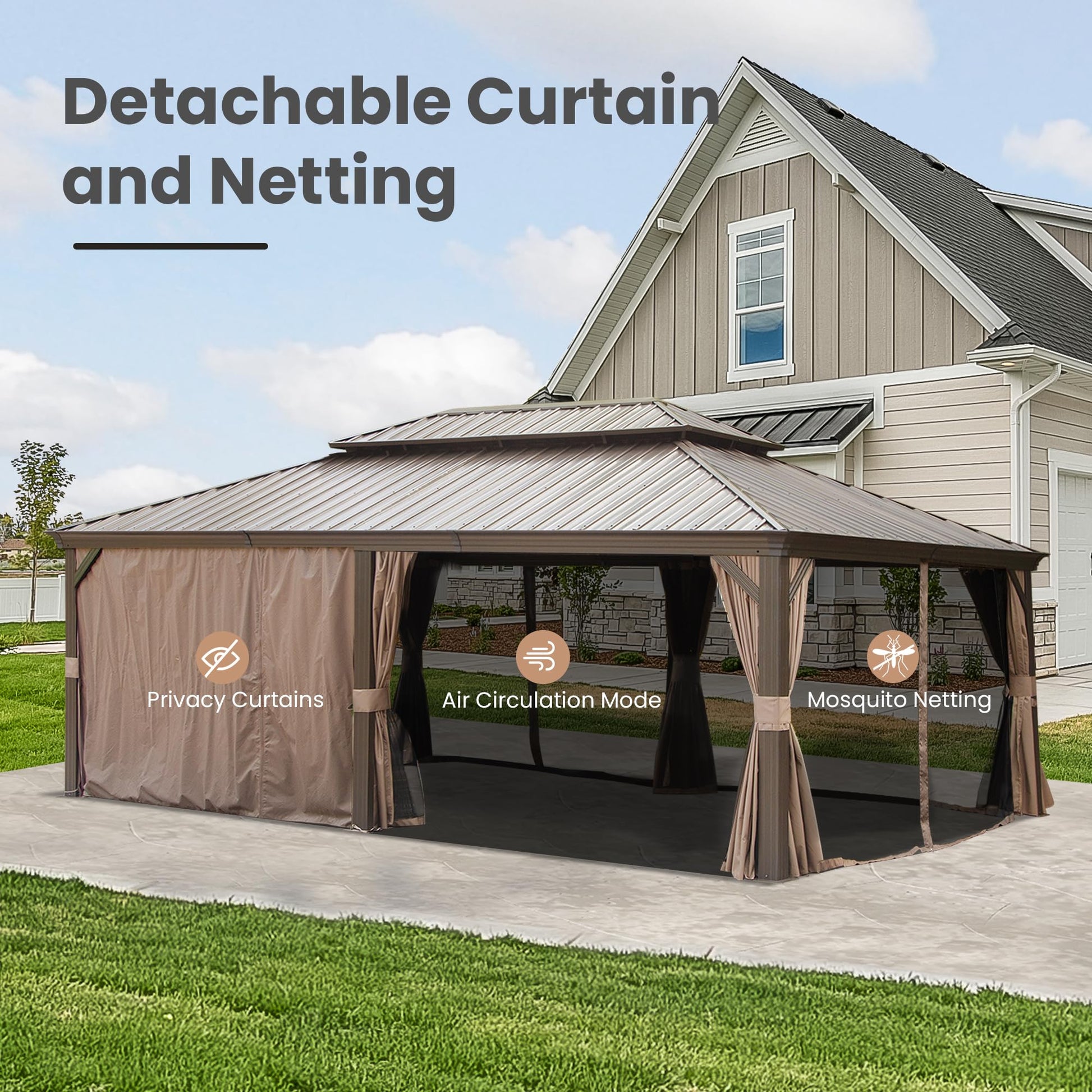 14' X 22' Hardtop Gazebo, Upgraded Metal Gazebo with Drainage System, Dual-Layer Galvanized Steel Roof, Curtain and Netting, Outdoor Shelter Canopy for Patio, Garden, and Backyard, Brown image 7