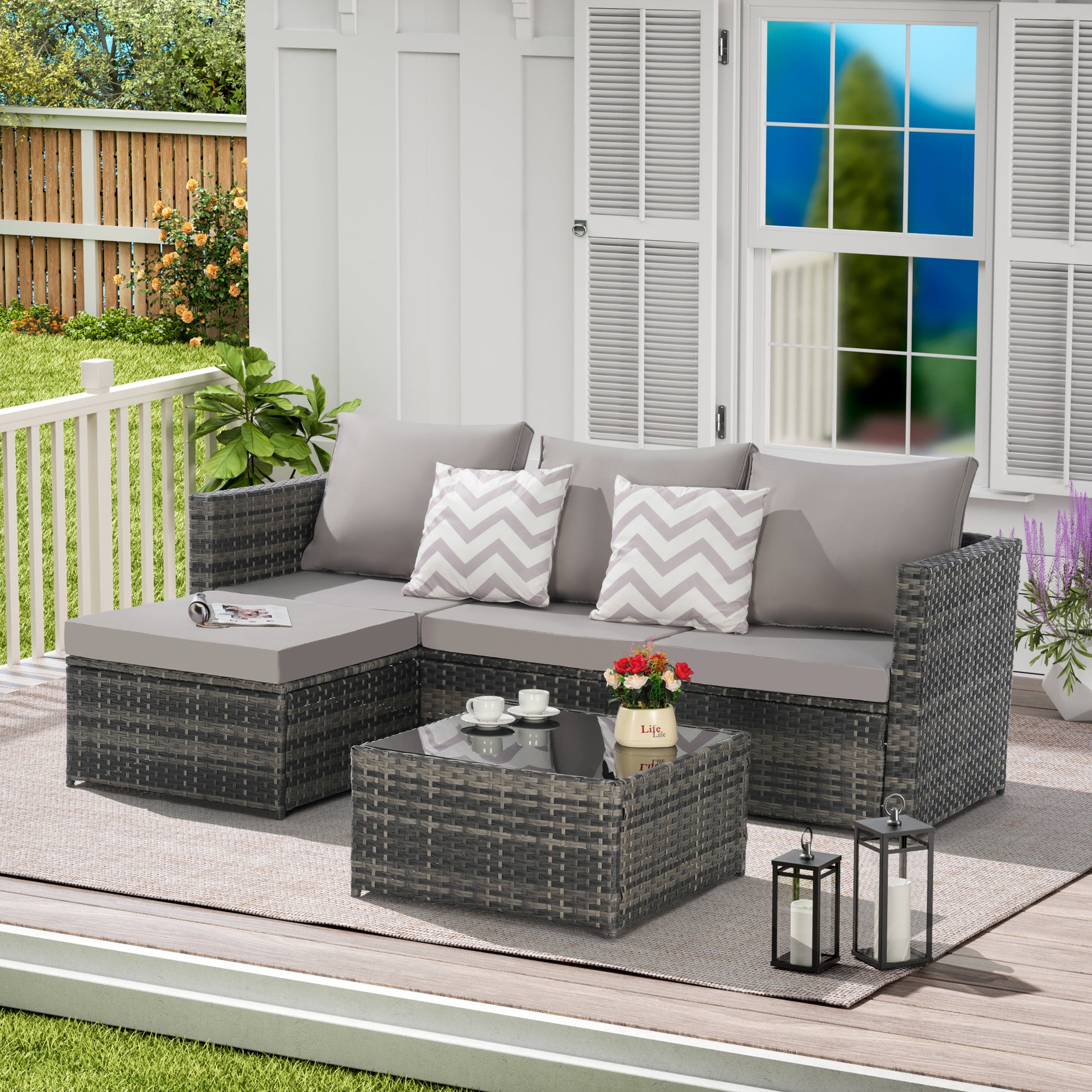 2 Pieces Patio Furniture Set,Outdoor Woven Sectional L- Shaped Patio Furniture,Wicker Conversation Set with Ottoman, Detachable Lounger Table for Backyard Poolside image 1