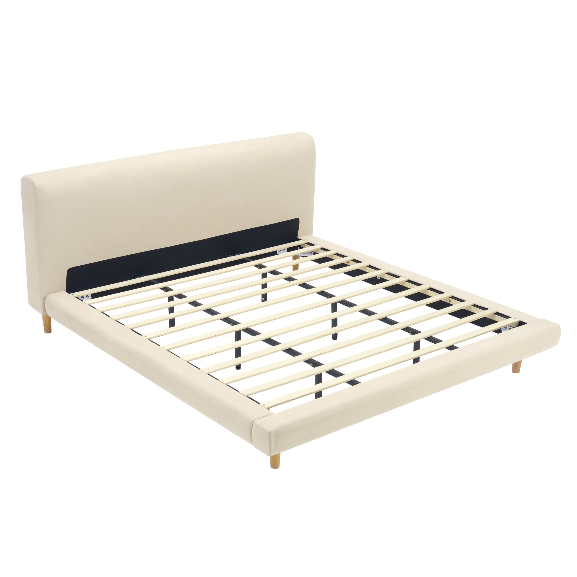 Beige Chunky Headboard Bed Frame, Solid Rubberwood Legs, King, 800lbs Capacity image 4