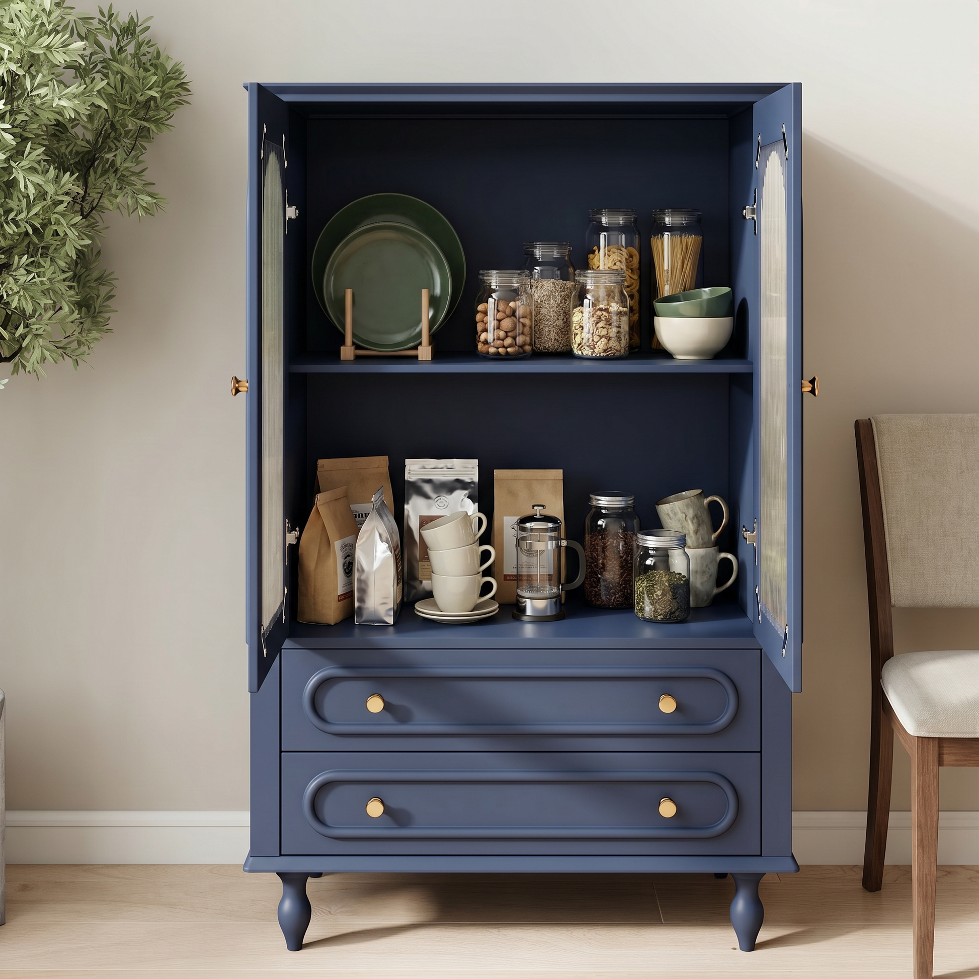 46.5'' Glass Display Cabinet with Ribbed Glass Doors,Wooden Curio Cabinet with 2 Drawers & Adjustable Shelf, Freestanding Buffet Cabinet Unit for Living Room Dining Room, Navy Blue image 3