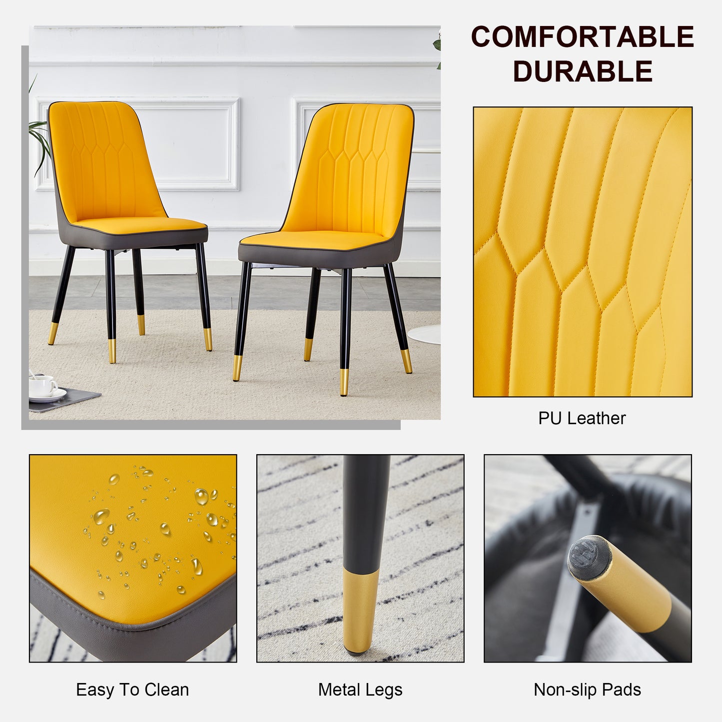 Orange yellow and dark gray stitching style, equipped with artificial leather cushioned seats, suitable for kitchen, living room, and dining room, 2-piece set (orange yellow and dark gray+PU) C-007 image 5