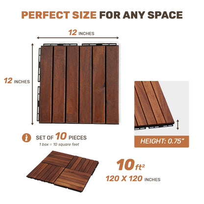 10 PCS Interlocking Deck Tiles Striped Pattern, 12" x 12" Square Acacia Hardwood Outdoor Flooring for Patio, Bancony, Pool Side,.. image 3
