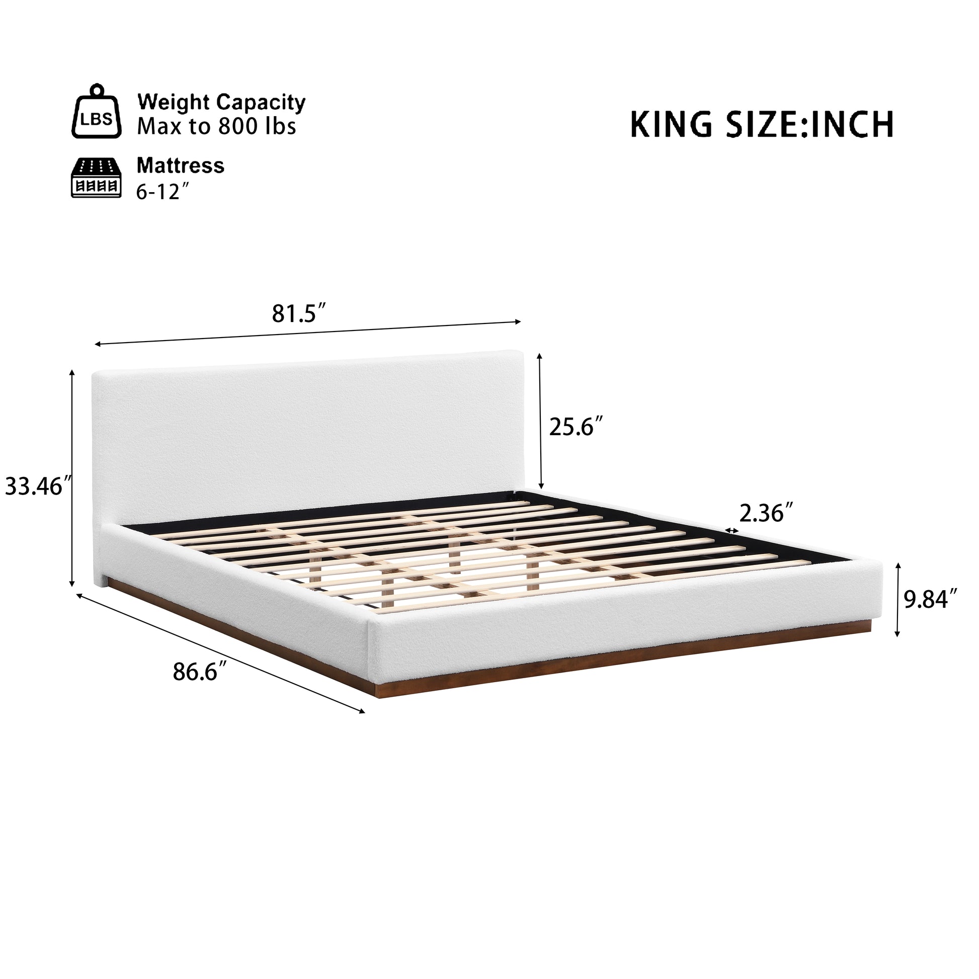 Elegant White Fabric Upholstered Bed With Nice Wood Grain Textured Brown Solid Wood Base Frame,White,King image 11