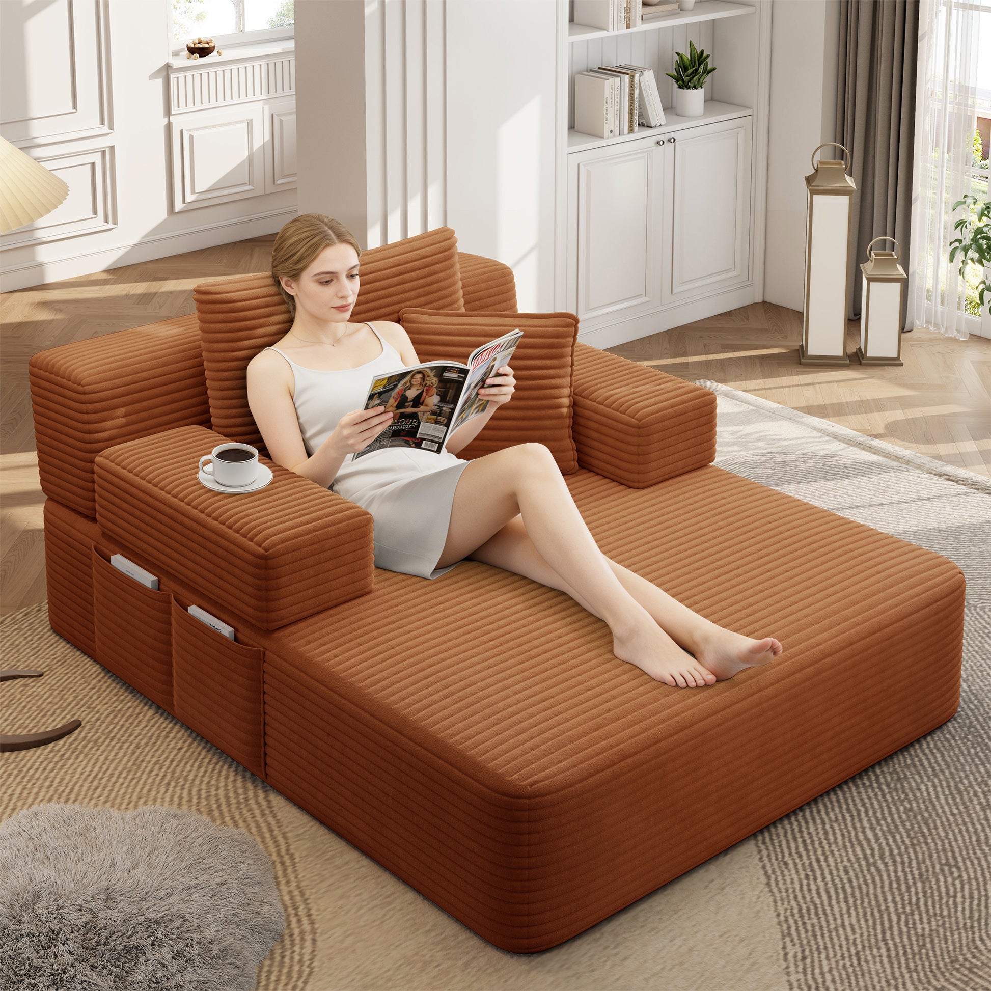 Luxurious Plush Corduroy Chaise Lounge with 3 Pillows, Convertible Sofa Bed with Storage Pocket, Frameless Design & Compression Foam for Small Spaces, Living Room, Apartment,Orange image 5