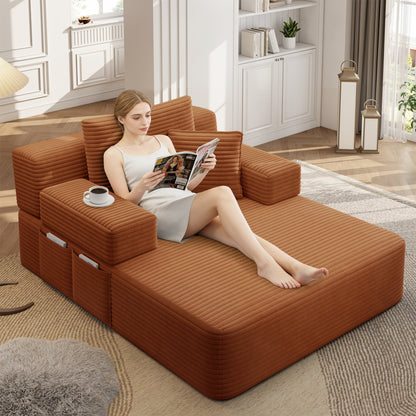 Luxurious Plush Corduroy Chaise Lounge with 3 Pillows, Convertible Sofa Bed with Storage Pocket, Frameless Design & Compression Foam for Small Spaces, Living Room, Apartment,Orange image 5