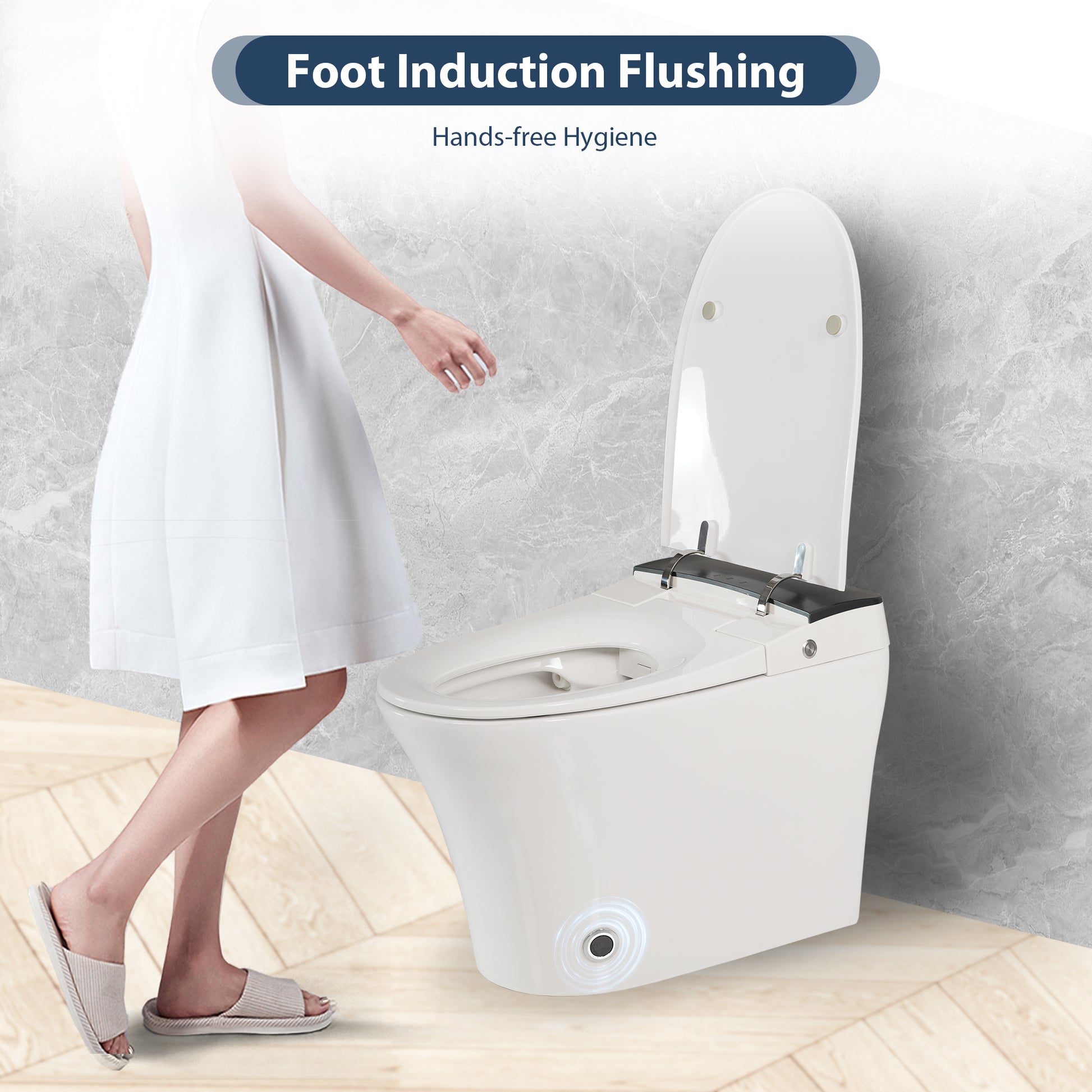 Heated Seat Smart Toilet, One Piece Toilet, Automatic Flush Tankless Toilet without Bidet, with Foot sensor Flush, Blue Night Light, Knob Control, Power Outage Flushing, Soft Close Cover,White image 2