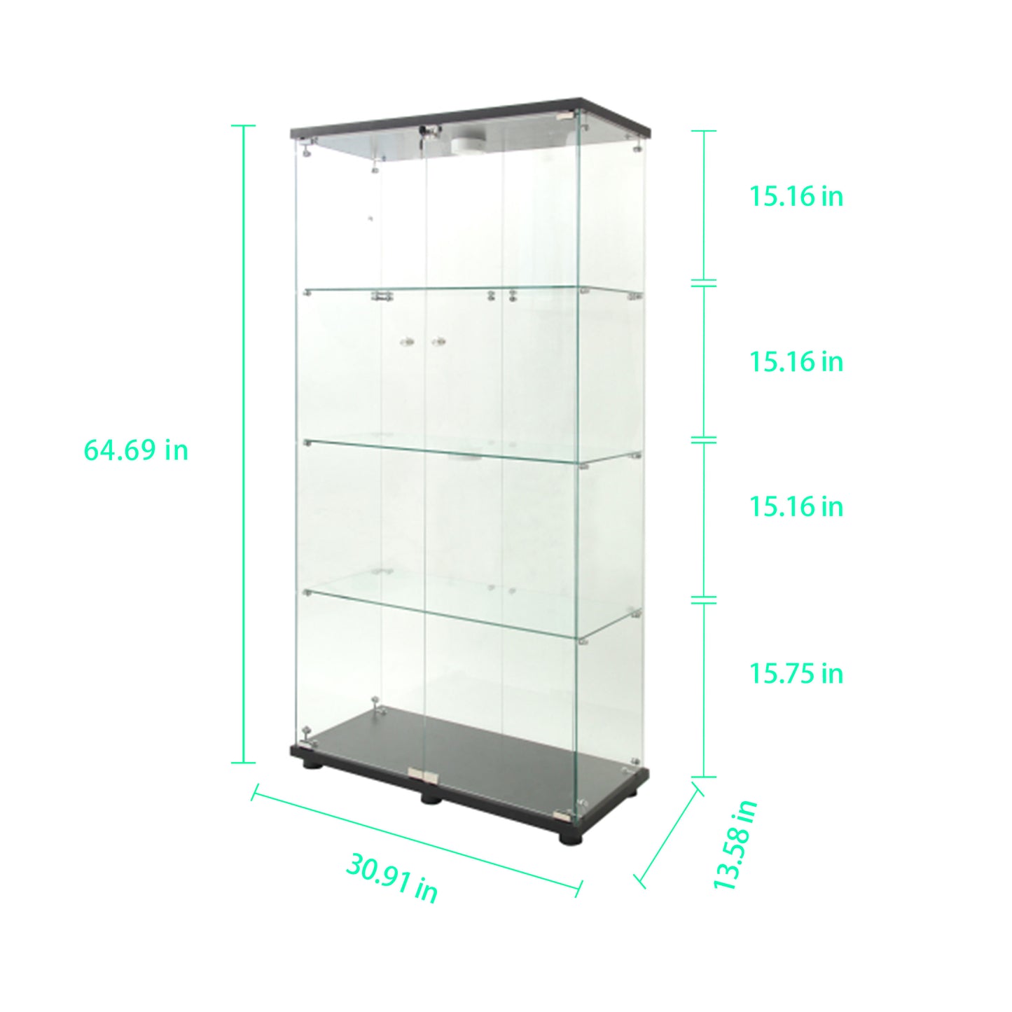 Glass display cabinet with adjustable floor feet for uneven ground