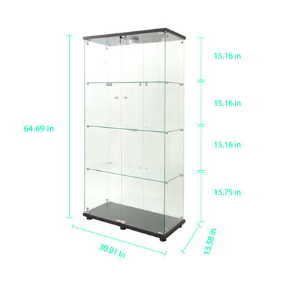 Glass display cabinet with adjustable floor feet for uneven ground
