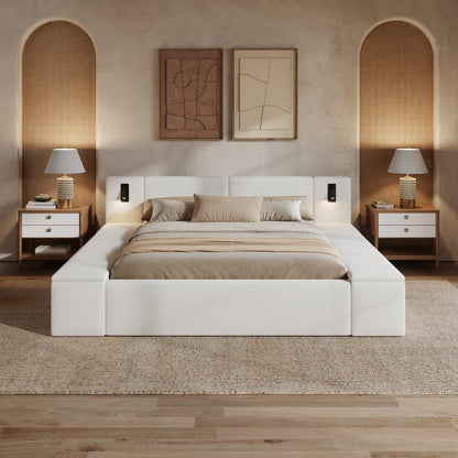 Queen Size Teddy Fleece Upholstered Platform Bed Frame with Massive Hidden Storage, Modern Bouclé Fabric Bed with Built-in Nightstands & LED Reading Lights, Wood Slats, No Box Spring Needed, White image 7