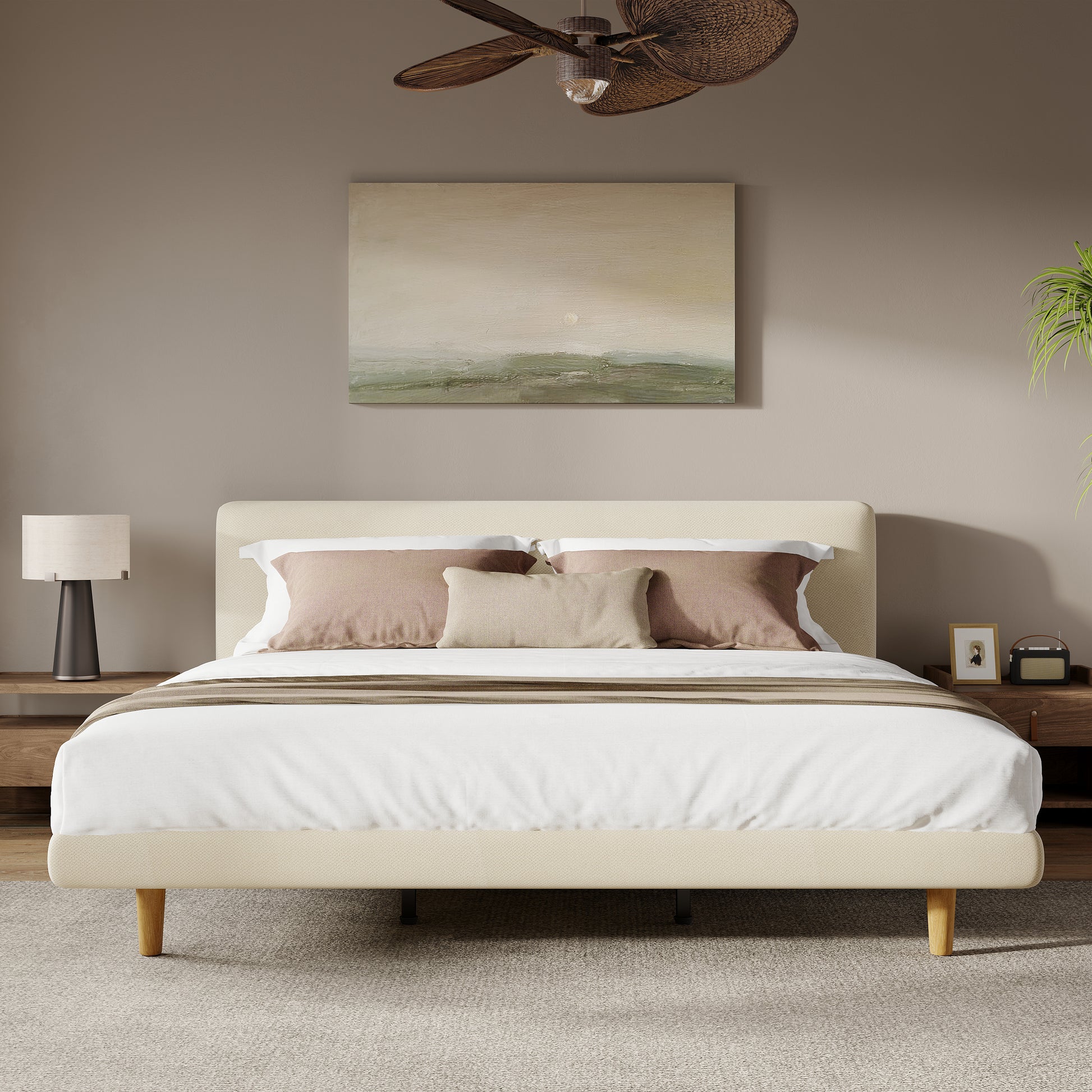 Beige Chunky Headboard Bed Frame, Solid Rubberwood Legs, King, 800lbs Capacity image 2