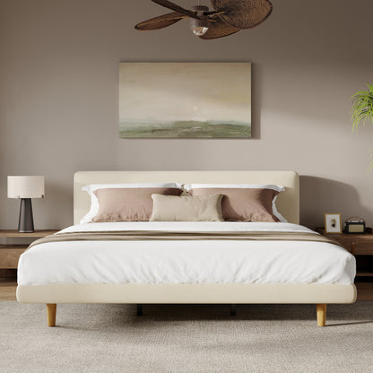 Beige Chunky Headboard Bed Frame, Solid Rubberwood Legs, King, 800lbs Capacity image 2