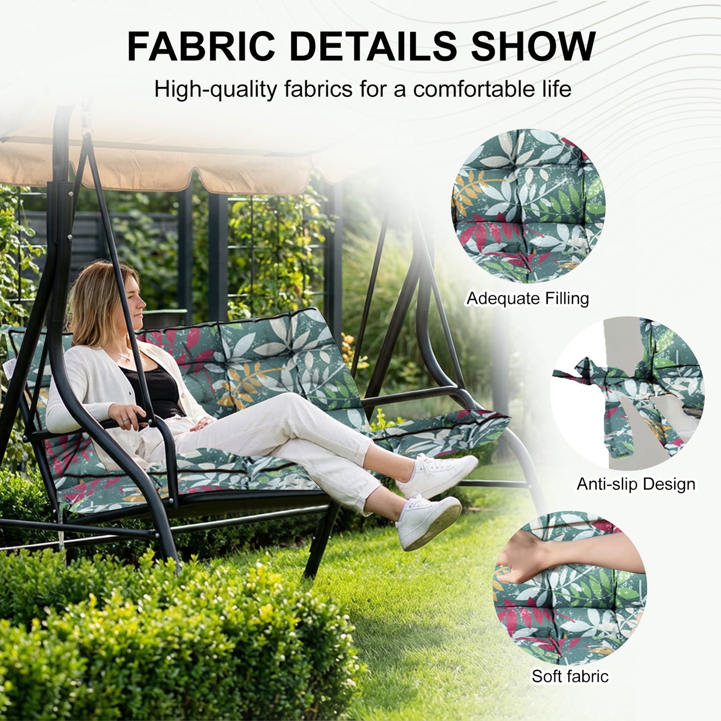 3 Seater Outdoor Porch Swing Cushion with Backrest, 4 Inch Extra Thick Waterproof Swing Replacement Cushion, 2-3 Seat Thicken Patio Bench Cushion for Garden Backyard Outdoor Furniture (Green flower) image 4