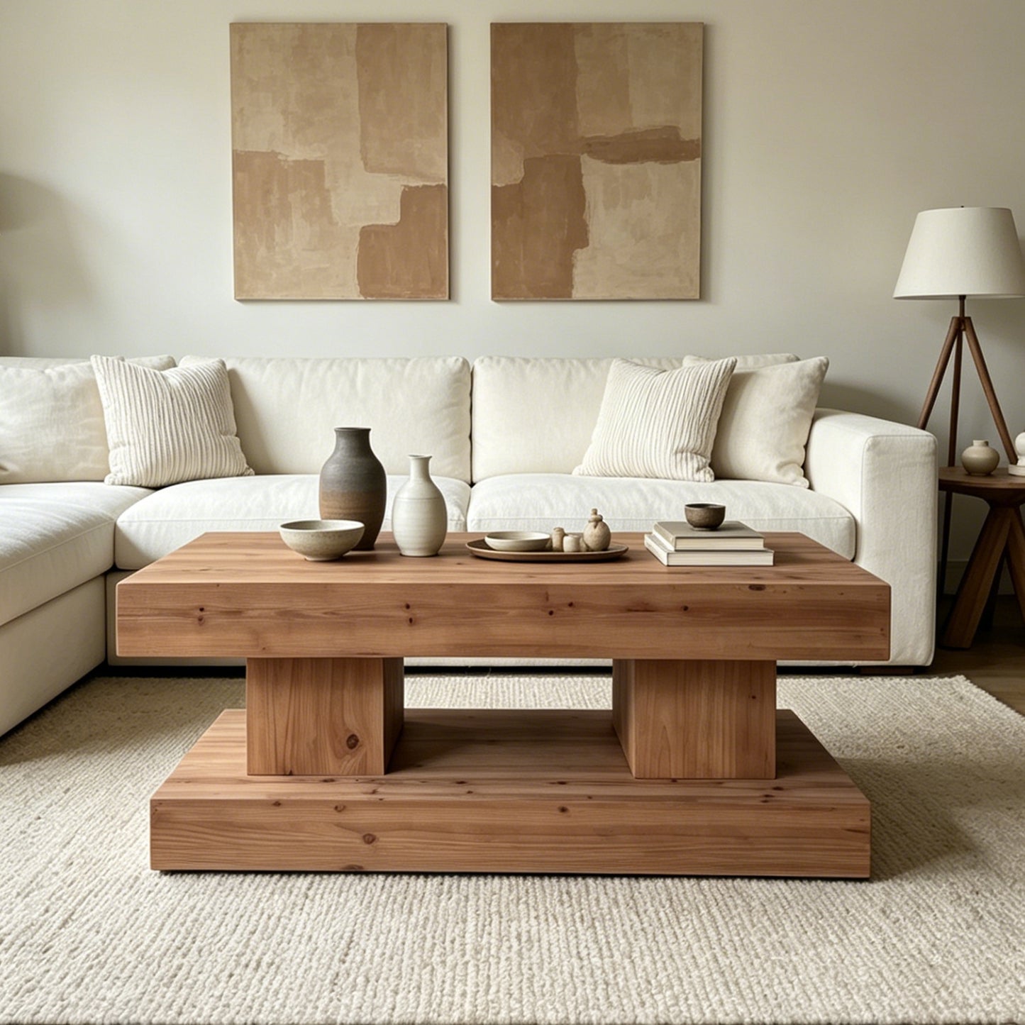 47.24"Natural solid wood coffee table with thick top and double pillar base. Classic rustic & minimalist style, sturdy and practical. image 1