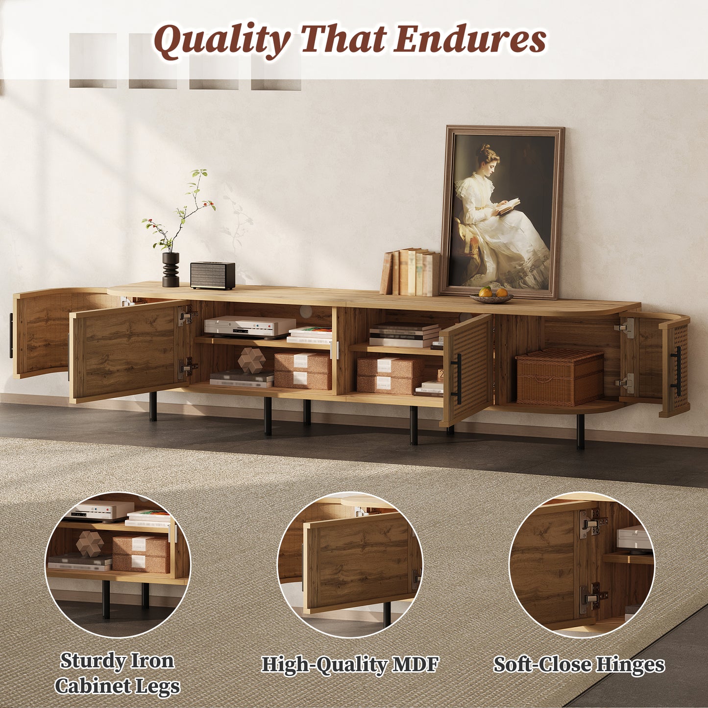 70inch Modern TV Stand with Rattan Doors for TVs up to 80", Media Console with Storage Space & Cable Holes, Entertainment Center for Living Room image 5