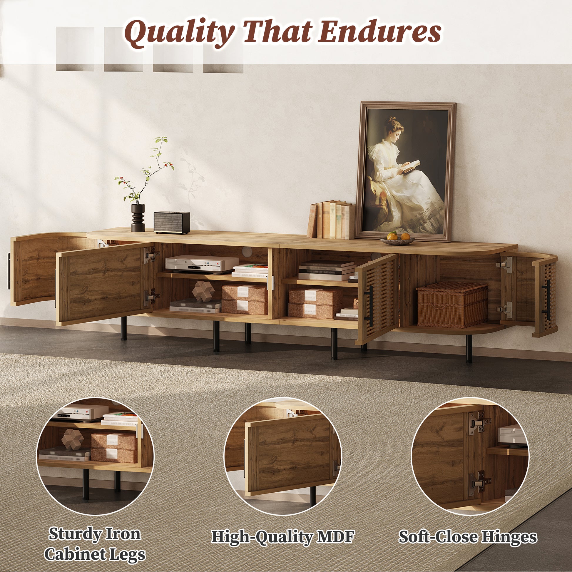 70inch Modern TV Stand with Rattan Doors for TVs up to 80", Media Console with Storage Space & Cable Holes, Entertainment Center for Living Room image 5