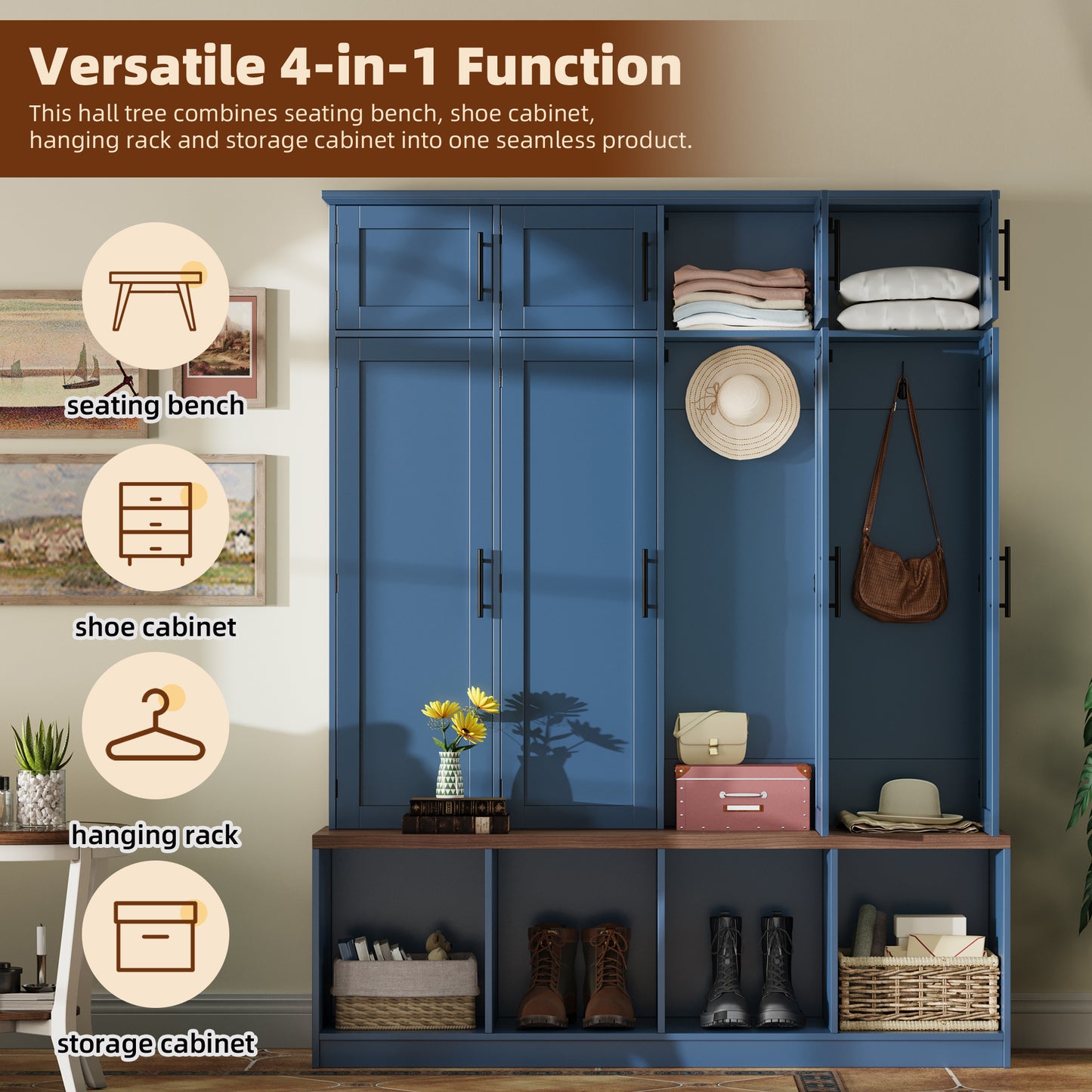 Farmhouse Hall Tree with 4 Hidden Hanging Hooks, Versatile Walnut Seating Bench with 8 Doors, Entryway Shoe Cabinet with Open Compartment for Living Room, Blue (OLD SKU:N721S000059C) image 3