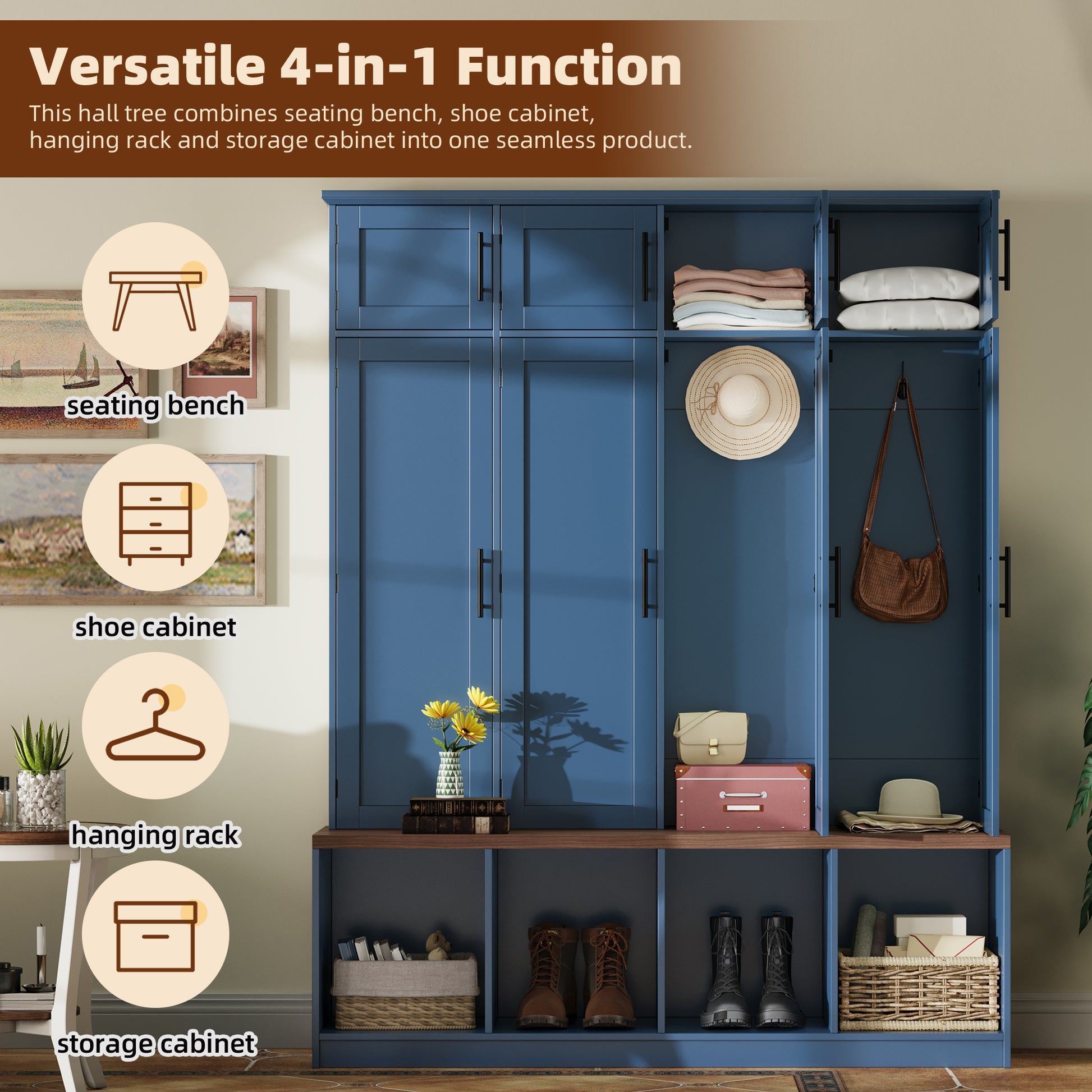 Farmhouse Hall Tree with 4 Hidden Hanging Hooks, Versatile Walnut Seating Bench with 8 Doors, Entryway Shoe Cabinet with Open Compartment for Living Room, Blue (OLD SKU:N721S000059C) image 3